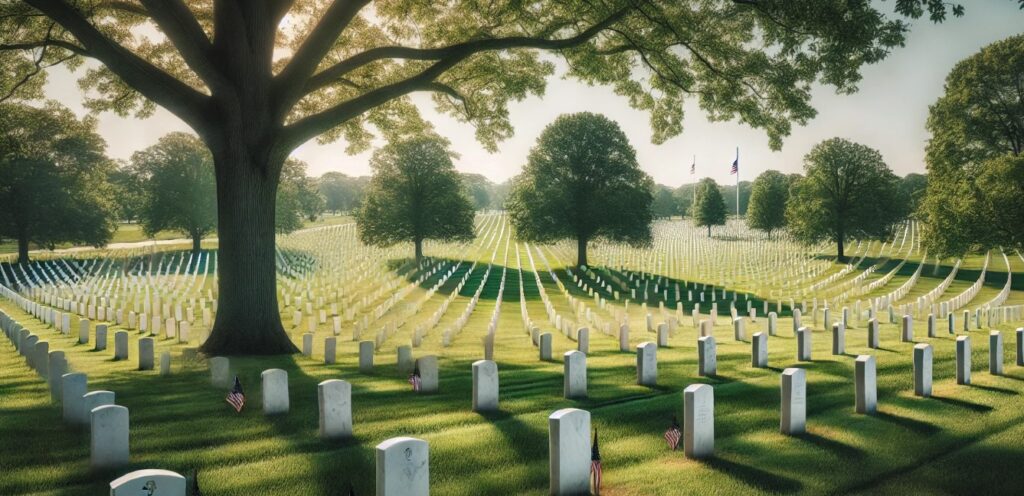 The scene of Arlington National Cemetery is both solemn and peaceful, with rows of white headstones extending far into the distance. Each headstone stands in perfect alignment, honoring the memory of fallen soldiers. The lush green grass and towering trees offer a sense of calm, their shade adding to the tranquil atmosphere. Overhead, the sky is bright and clear, with soft sunlight casting a gentle glow over the entire landscape.