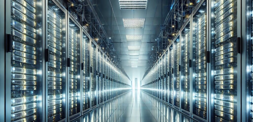 The interior of the server farm presents a sleek, futuristic space filled with rows of towering server racks. Each rack is illuminated with glowing LED lights, creating a vibrant, high-tech ambiance. The neatly organized cables run alongside the racks, ensuring efficient connectivity, while cooling units maintain optimal temperatures for the equipment.