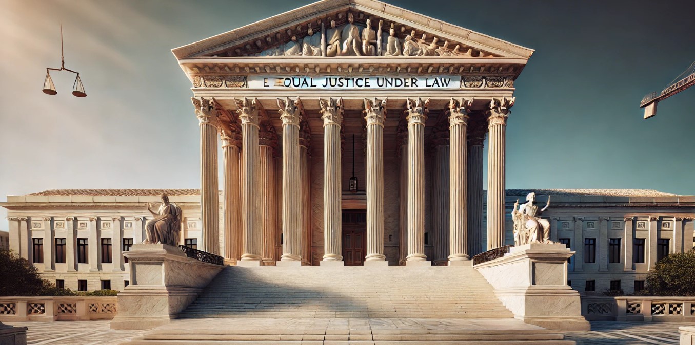 The United States Supreme Court building stands majestically with its neoclassical architecture on full display. Massive marble columns dominate the façade, providing a sense of strength and permanence. The wide, imposing steps lead up to the entrance, where the iconic inscription "Equal Justice Under Law" is etched above the doors, symbolizing the core values of the judicial system.