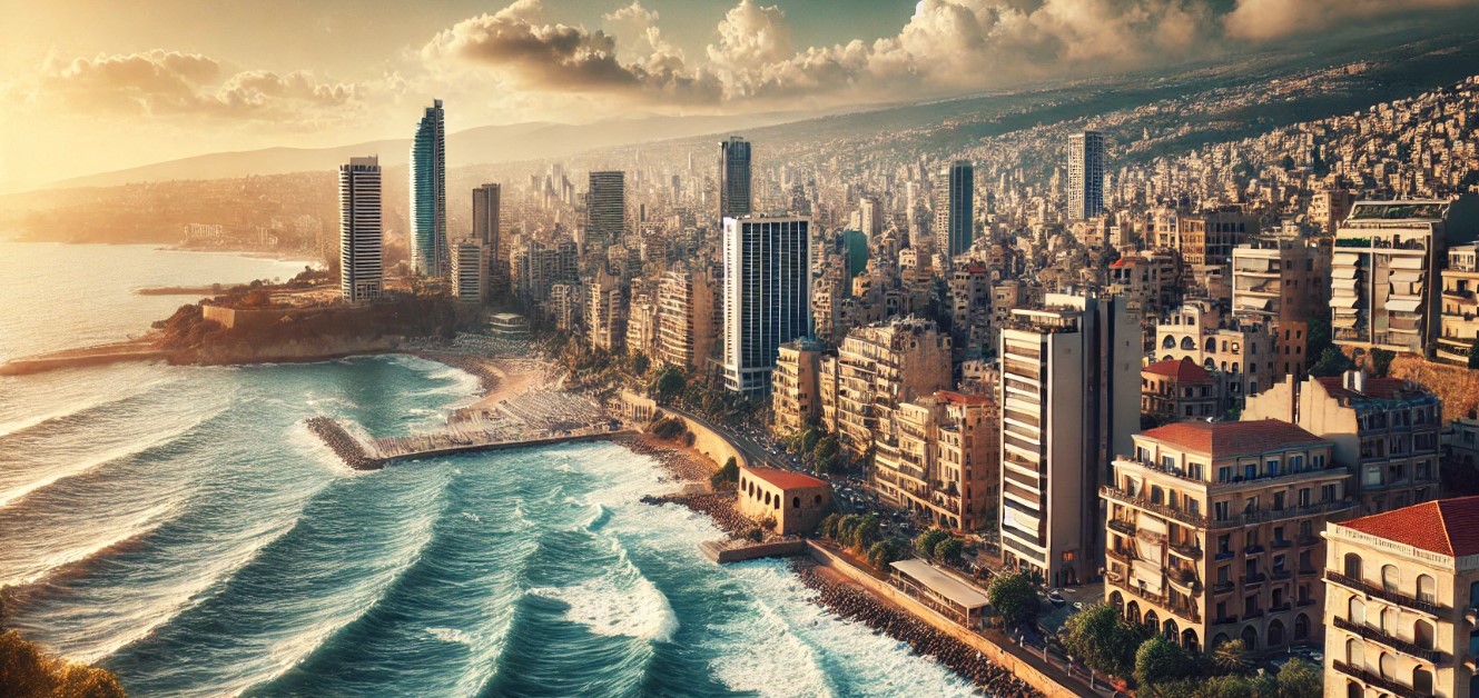 This captivating view of Beirut, Lebanon, captures the essence of a city that seamlessly blends the old with the new, set against the sparkling Mediterranean Sea. In the foreground, the sunlit waters of the Mediterranean create a serene yet lively atmosphere, with soft waves brushing the coastline, reflecting the golden light of the warm afternoon. The vast sea stretches toward the horizon, where it meets the bustling urban landscape of Beirut.