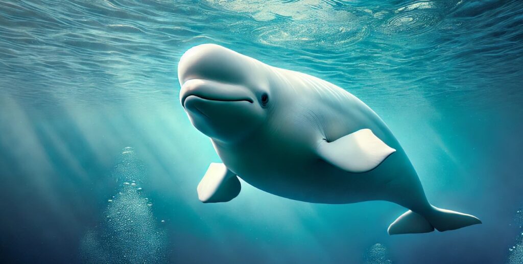 The beluga whale glides gracefully through the calm, clear blue waters. Its smooth, white body stands out against the deep ocean backdrop, with sunlight filtering down to highlight its gentle, rounded form.