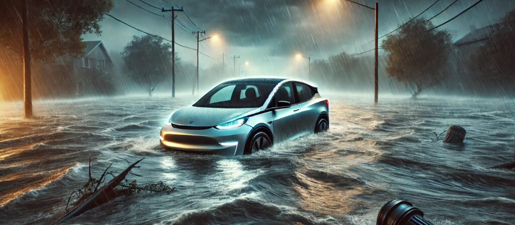 The image portrays a striking scene of an electric vehicle stranded in the midst of a devastating flood. The sleek, modern contours of the car stand in stark contrast to the surrounding chaos of nature. Water, dark and murky, has risen halfway up the vehicle, submerging much of its lower body. Its once-refined lines now appear vulnerable against the overpowering force of the floodwaters that rush over the road, sweeping away debris and creating a turbulent, unstable environment.