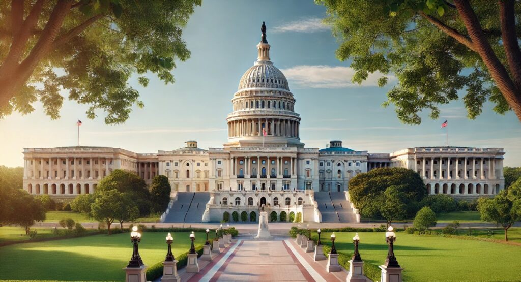 The image of the U.S. Capitol captures its grandeur and historical significance. The iconic neoclassical architecture is prominently displayed, with the Capitol dome rising majestically above, topped by the statue of Freedom. The symmetrical wings of the building, housing the Senate and House of Representatives, extend outward, creating a balanced and dignified structure.