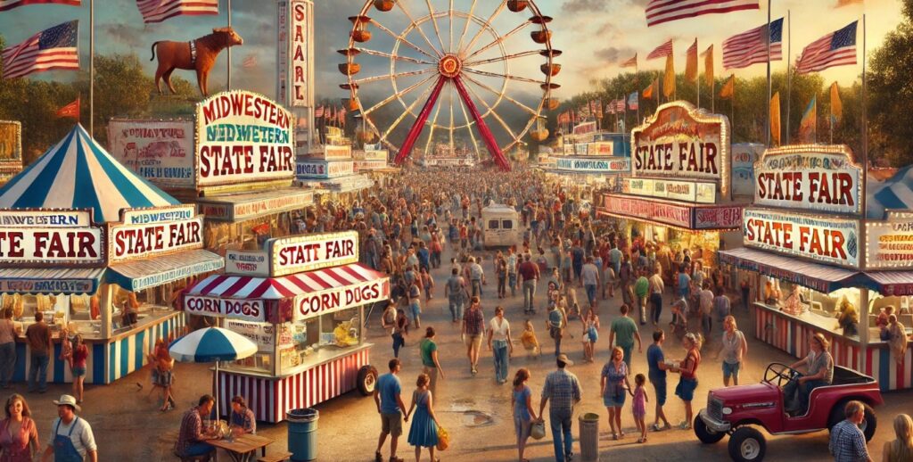 The image captures a vibrant and realistic scene of a Midwestern state fair, alive with activity. Families and friends stroll through the fairgrounds, enjoying the sights, sounds, and flavors of the event. The warm glow of food stands and colorful banners contrasts beautifully with the lights of a Ferris wheel spinning in the background, adding a festive feel to the atmosphere.