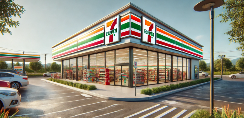 Here is the photo-realistic image of a 7-Eleven store viewed from the parking lot on a calm, bright afternoon. The store's iconic red, green, and orange striped signage stands prominently above the large glass windows.