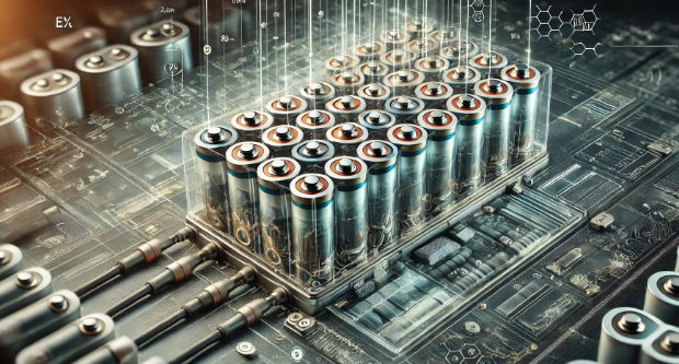 This image captures the intricate world of lithium-ion (Li-ion) batteries, offering a detailed, technical view of their internal structure and the underlying science that powers them. At the center of the composition, a series of battery cells—both cylindrical and rectangular—are neatly arranged in a grid-like configuration. Each cell is shown with incredible clarity, highlighting the precise engineering that goes into the design of modern battery technology.