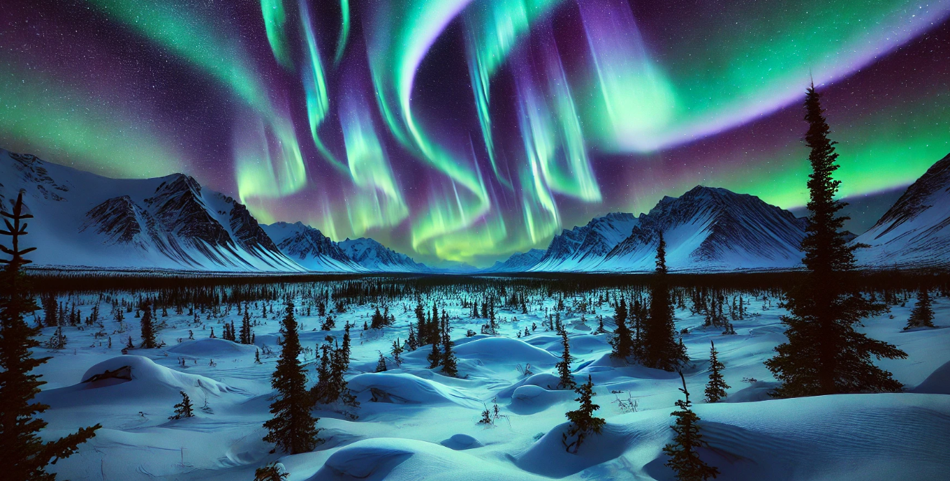 This image captures the stunning beauty of the Northern Lights, with the vivid green, blue, and purple hues of the aurora swirling across the Arctic night sky. The lights dance above a serene, snow-covered wilderness, illuminating the landscape below. The snow glistens under the glowing aurora, and a calm, frozen lake reflects the vibrant colors, creating a mirror-like effect that enhances the ethereal atmosphere.