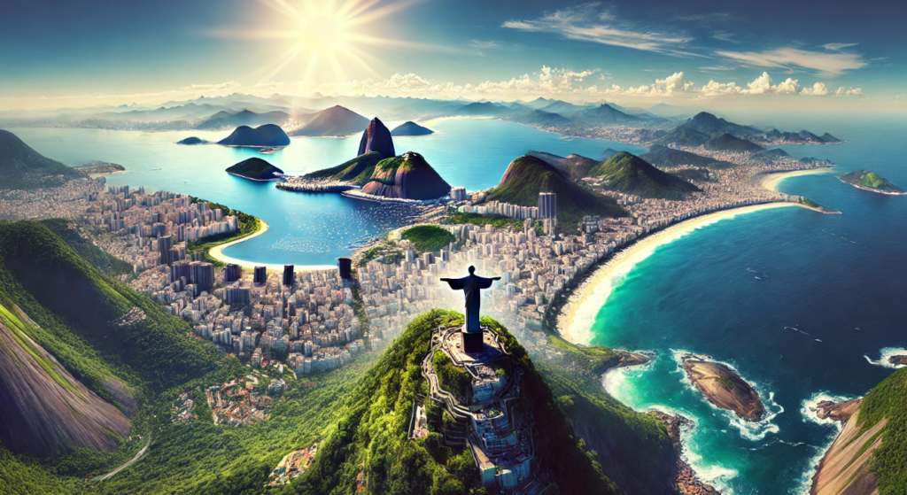 This image of Rio de Janeiro presents a stunningly realistic photograph of the city’s most iconic landmarks. Christ the Redeemer stands tall and majestic atop Corcovado Mountain, overlooking the sprawling urban landscape below. The statue, illuminated by the bright sunlight, exudes a sense of calm and grandeur, with its arms wide open, as if embracing the city beneath.