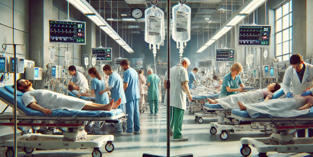 This image depicts a busy hospital emergency room (ER) filled with urgency and activity. Medical staff, including nurses and doctors, move quickly between patients, administering care in a high-pressure environment. Several patients are lying on gurneys with IVs connected, the clear tubes delivering essential fluids from bags hanging on tall stands beside them. The IV lines add a sense of immediacy to the scene, emphasizing the critical care being provided.