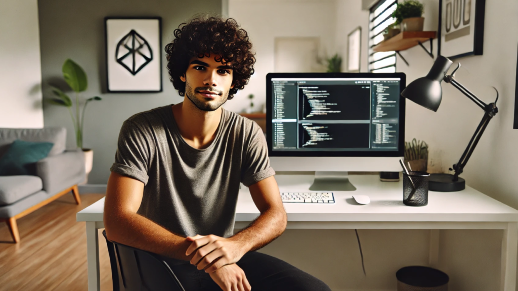 The image presents a Brazilian individual sitting at a desk in a modern, cozy workspace. The person, with medium brown skin and curly dark hair, exudes a casual yet focused demeanor, dressed simply in a t-shirt. They are positioned directly in front of a computer, which seems to display a work-related task, possibly involving coding, design, or writing.