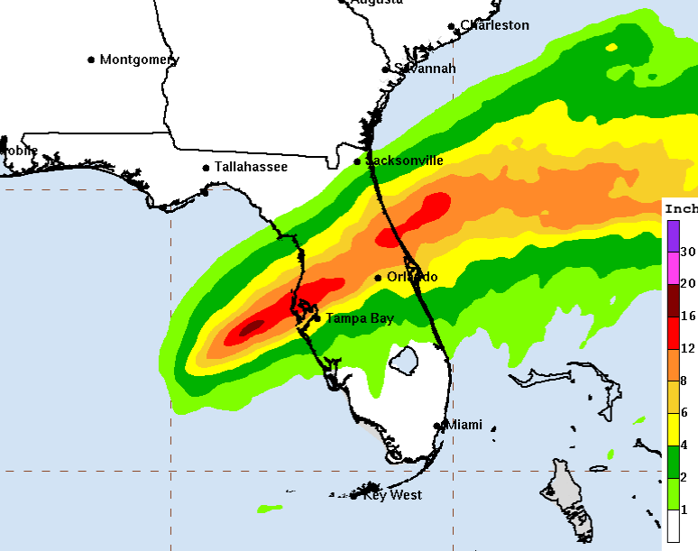 RAINFALL: Rainfall amounts of 6 to 12 inches, with localized totals up to 18 inches, are expected across central to northern portions of the Florida Peninsula through Thursday. This rainfall brings the risk of catastrophic and life-threatening flash and urban flooding, along with moderate to major river flooding.