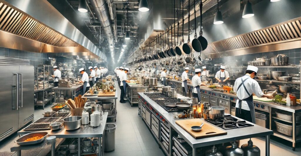 The image showcases the vibrant energy of a large commercial kitchen, where precision and speed blend with culinary expertise. The layout is sleek and highly functional, dominated by polished stainless steel surfaces that exude cleanliness and professionalism. Along the walls, industrial-grade ovens, stoves, and refrigerators gleam under the bright, overhead lights. Their smooth, reflective surfaces contrast with the raw, earthy tones of the ingredients scattered across the countertops, awaiting transformation.