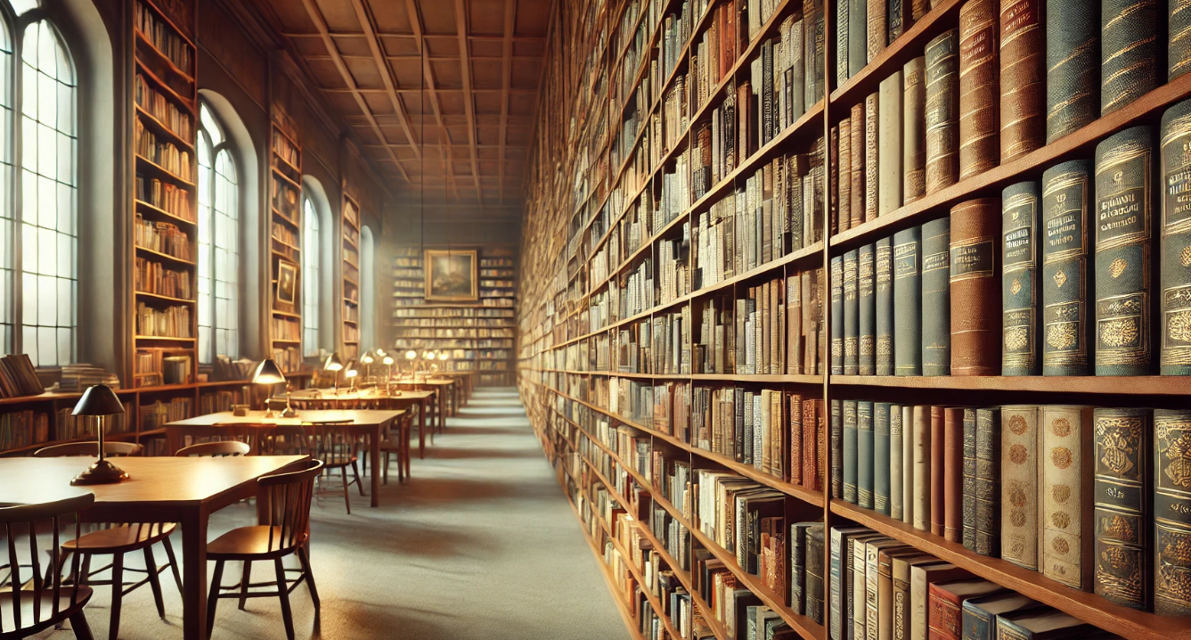 This image captures the serene atmosphere of a well-organized library. The bookshelves are neatly filled with a diverse selection of books, ranging from old volumes with worn, faded spines to newer editions with bright, crisp covers. The soft, warm lighting casts a gentle glow over the rows of books, creating an inviting and cozy ambiance.