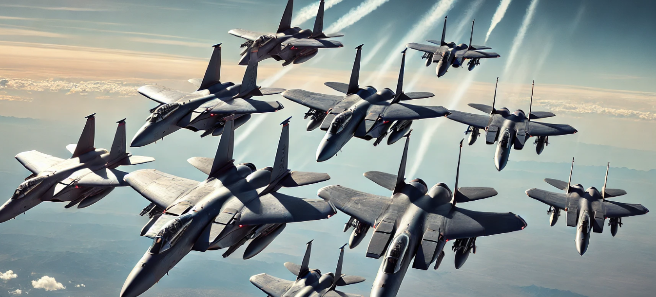 The image showcases a stunning scene of military aircraft flying in a precise formation, set against a backdrop of a clear, bright blue sky. These jets, with their sleek, angular designs, reflect the sunlight off their metallic surfaces, emphasizing their modern, cutting-edge engineering. Their symmetry and sharp lines convey both power and elegance as they soar through the air, maintaining a perfect alignment with each other. Each aircraft holds its position with military precision, highlighting the skill and discipline of the pilots in control.