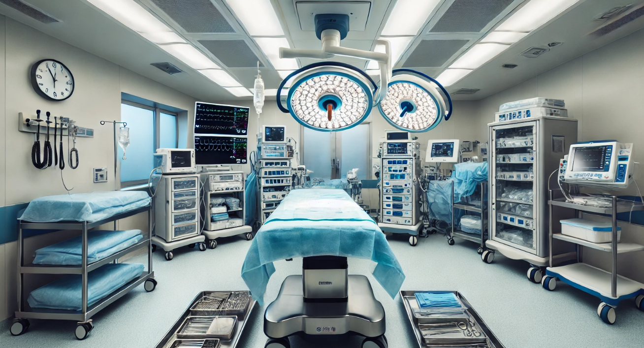 The image showcases a highly organized and sterile hospital operating room, designed to support complex surgical procedures. At the center is an operating table covered in sterile blue sheets, surrounded by essential medical instruments. Stainless steel trays nearby hold neatly arranged surgical tools, all meticulously placed for easy access during surgery. Overhead, large surgical lights provide bright, focused illumination, ensuring every detail is visible for the medical team.