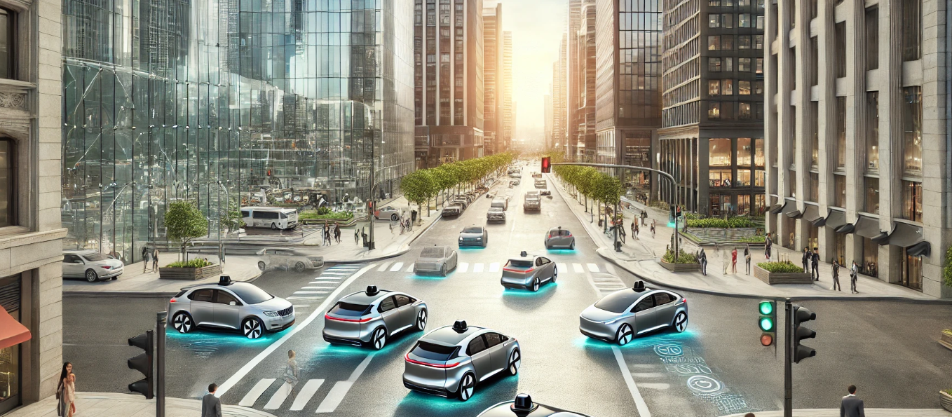 This image depicts a modern cityscape seamlessly integrated with advanced technology, specifically self-driving cars. The sleek, futuristic autonomous vehicles glide along the busy streets, with no drivers visible inside, signaling the future of transportation. Pedestrians walk along wide sidewalks, while smart traffic signals and digital signs interact with the self-driving cars, managing traffic flow efficiently.