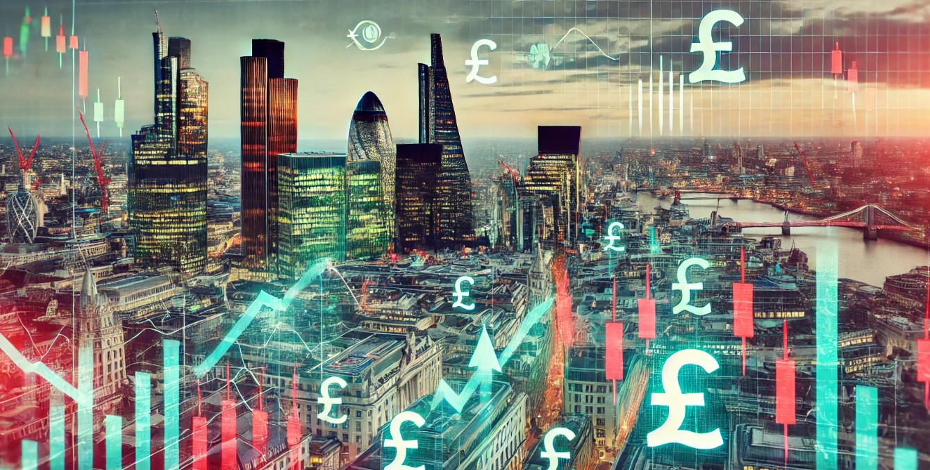 This image features London’s financial district skyline with a dynamic overlay of financial indicators, showing the iconic buildings alongside graphics of declining pound symbols and rising bond yield arrows. The realistic cityscape contrasts with highlighted reds and greens, visually conveying economic fluctuations against the backdrop of London’s architectural landmarks.