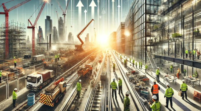 This wide-format image captures the juxtaposition of two dynamic environments, symbolizing the harmony between infrastructure development and modern business growth in the UK. The foreground is alive with activity, showcasing a bustling construction site. Towering cranes stretch skyward, their metal frameworks gleaming in the sunlight. Scaffolding is prominent, forming skeletal outlines of buildings under construction. Workers in high-visibility jackets and helmets are scattered across the site, some operating heavy machinery like excavators, while others are engaged in precision tasks such as welding and surveying