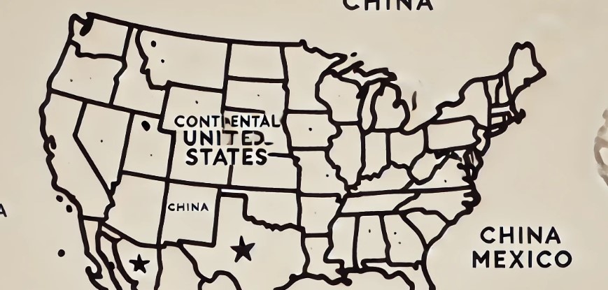 Here is the wide-format image showing simple outlines of the continental United States, China, and Mexico. Each country appears as a clear, distinct border on a neutral background, ideal for illustrating relationships or connections between these regions.