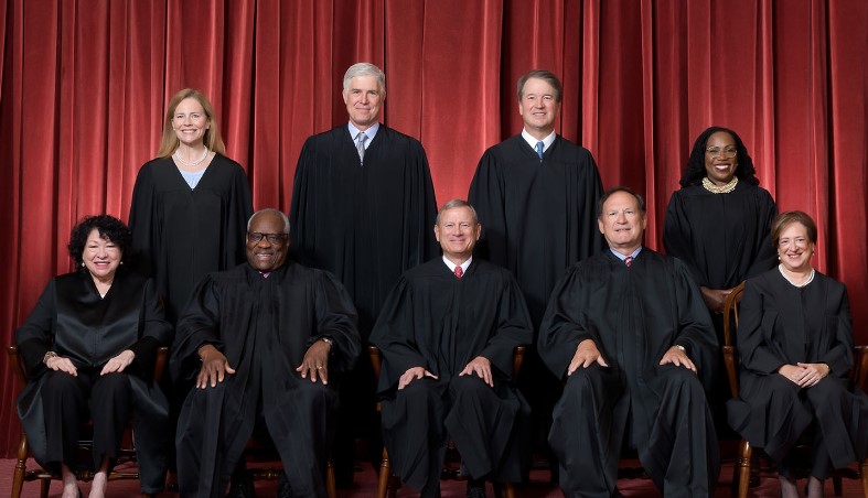 Front row, left to right: Associate Justice Sonia Sotomayor, Associate Justice Clarence Thomas, Chief Justice John G. Roberts, Jr., Associate Justice Samuel A. Alito, Jr., and Associate Justice Elena Kagan. Back row, left to right: Associate Justice Amy Coney Barrett, Associate Justice Neil M. Gorsuch, Associate Justice Brett M. Kavanaugh, and Associate Justice Ketanji Brown Jackson. Credit: Fred Schilling, Collection of the Supreme Court of the United States