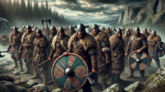 The image depicts a powerful scene of Viking warriors standing resolutely within a rugged landscape. Their fierce expressions and traditional Norse attire—leather armor, fur cloaks, helmets, and round shields—embody the resilience and bravery of these legendary explorers. The dramatic, moody sky and wild terrain enhance the atmosphere of impending adventure or battle.