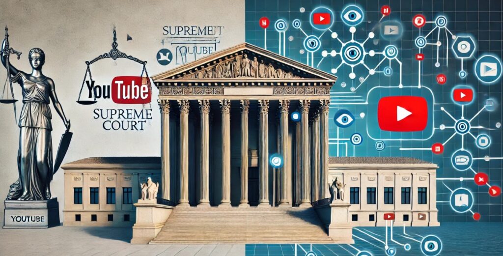 Split-view image showing the Supreme Court and YouTube’s logo with an interconnected network representing its recommendation algorithm, symbolizing the intersection of legal and technological issues.