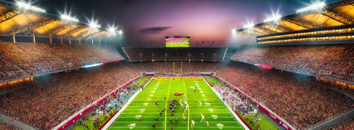 An action-packed college football game at a large, crowded stadium in the evening. Players in distinct uniforms clash on a brightly lit field, with fans filling the stands, cheering energetically. Stadium lights shine down, casting reflections on the turf. The sky shows a twilight gradient of purple to dark blue, adding to the intense atmosphere, while team mascots, cheerleaders, and banners on the sidelines contribute to the vibrant scene.