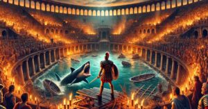 A dramatic wide-format illustration of the Colosseum arena at dusk, lit by torchlight. At the center stands Lucius, a Roman gladiator in gleaming armor, surrounded by debris from a staged naval battle. In the foreground, a bloodthirsty shark leaps from a shallow pool, adding tension. The backdrop features cheering crowds and Roman senators in the stands, while storm clouds gather ominously in the sky.