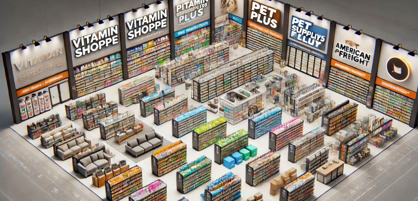 Conceptual layout image of Franchise Group’s retail brands, with Vitamin Shoppe, Pet Supplies Plus, and American Freight in distinct, themed zones. The layout presents each brand’s unique style within a cohesive and inviting retail environment.