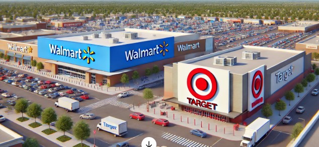 A Walmart store with blue and white branding is shown next to a Target store with red and white design. Both are large, modern retail buildings with a shared parking lot featuring cars, trees, and pedestrian pathways under a clear blue sky.