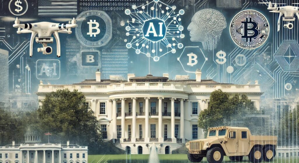 The White House in the background with AI, cryptocurrency, and military technology symbols in the foreground, alongside subtle currency signs and binary code representing tech and economic interplay.