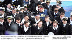 A section of midshipmen chant during the Army-Navy Game at M&T Bank Stadium, in Baltimore.