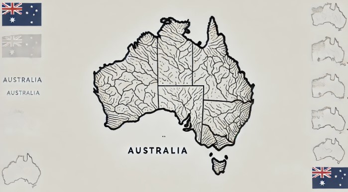 The image presents a clean and precise outline map of Australia. The country’s unique shape is carefully depicted, with its intricate coastline details captured accurately. Major geographical features such as the prominent Gulf of Carpentaria and the Great Australian Bight are clearly defined in the outline. The island of Tasmania is included just below the mainland, along with smaller surrounding islands, showcasing a comprehensive representation of the region. The map is minimalist, without any internal borders, labels, or color fill, making it versatile for various uses, such as educational activities or illustrative purposes. The white background emphasizes the black or dark outline of the country, ensuring the map’s details are the focal point. The overall simplicity of the design enhances its utility and clarity.