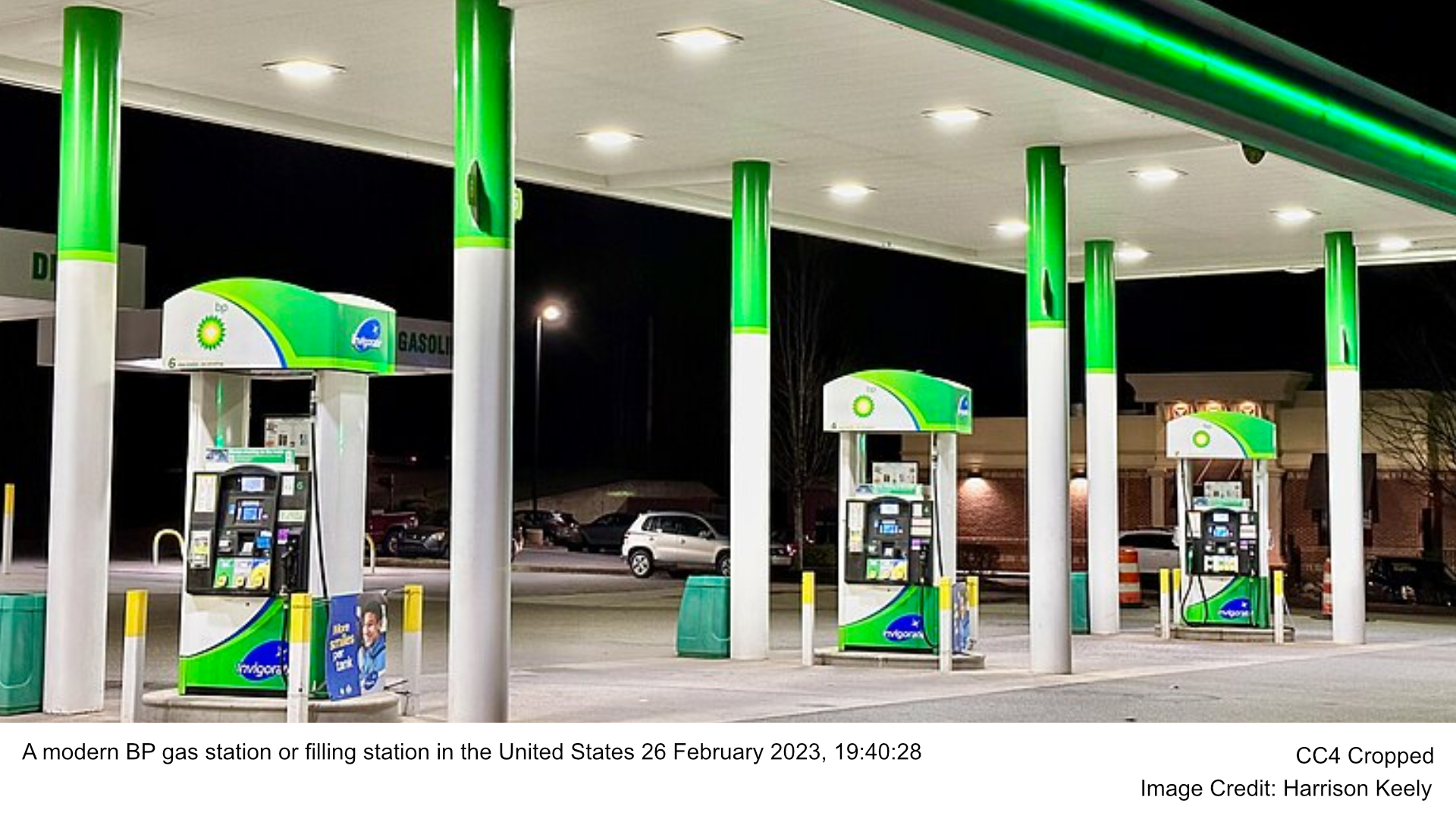 A modern BP gas station or filling station in the United States 26 February 2023, 19:40:28