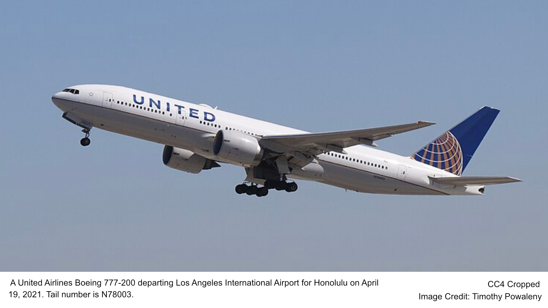 A United Airlines Boeing 777-200 departing Los Angeles International Airport for Honolulu on April