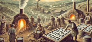 This illustration vividly captures the bustling activity of an ancient Roman silver smelting operation, a testament to the ingenuity and environmental impact of early industrial efforts. The foreground showcases workers clad in traditional Roman attire, their garments simple yet functional, as they labor near blazing furnaces constructed from stone and clay. The furnaces are alive with intensity, their roaring flames emitting thick plumes of grayish-black smoke that coil and drift into the air. Workers pour molten silver from crucibles into rudimentary rectangular molds, their faces reflecting both the heat and the concentration required for such a meticulous task.