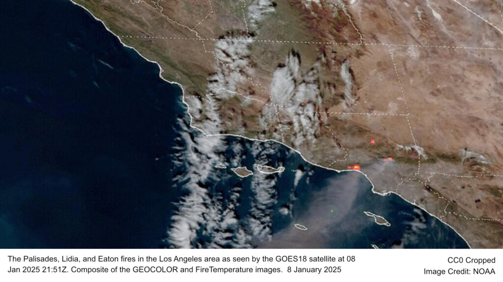 The Palisades, Lidia, and Eaton fires in the Los Angeles area as seen by the GOES18 satellite at 08 Jan 2025 21:51Z. Composite of the GEOCOLOR and FireTemperature images. 8 January 2025